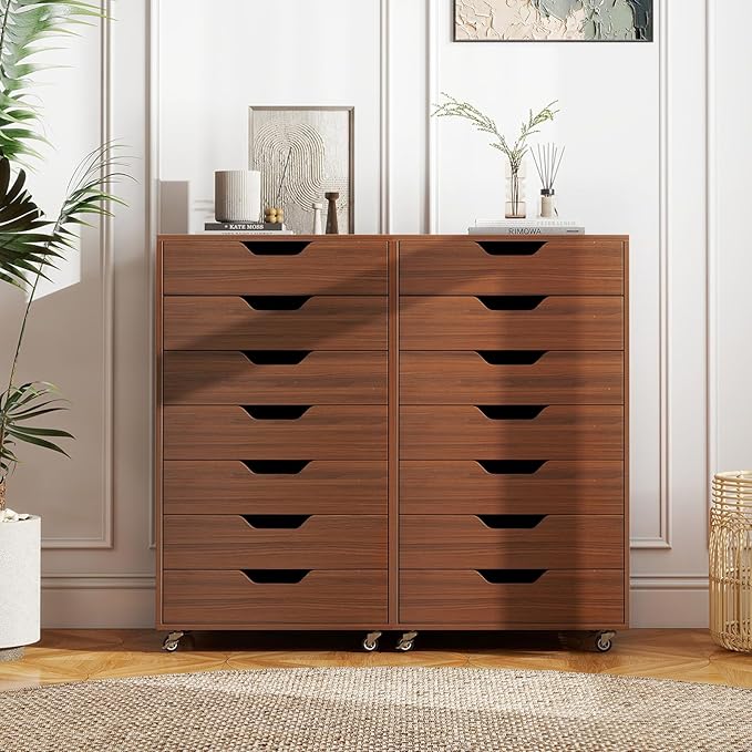 7 Drawer File Cabinet, Mobile Filing Cabinet w/Universal Wheels, Wood Printer Stand with Storage, Rolling File Cabinets for Home Office, Living Room, Bedroom (Walnut, 7 Drawers)