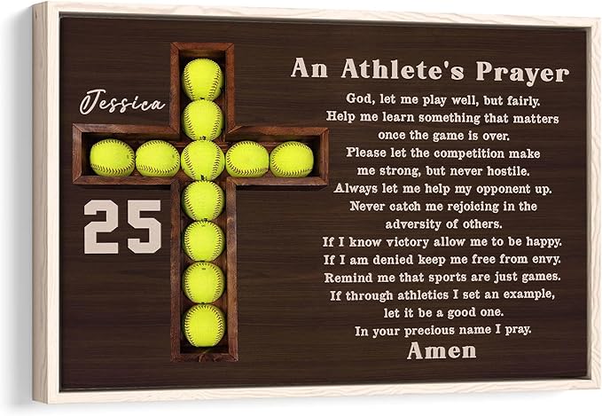 Personalized Softball Poster & Framed Canvas, An Athlete'S Prayer Home Office Decor, Custom Name Number Bedroom Living Room Aesthetic Wall Art Gift For Mom, Daughter, Wife, Girlfriend
