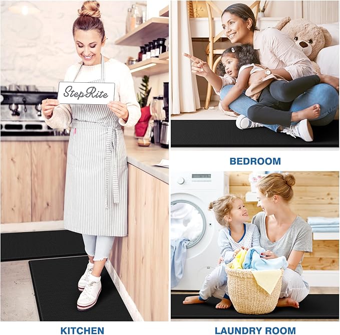 StepRite Kitchen Mats, 2PCS Kitchen Rugs, Cushioned Anti Fatigue Kitchen Mats for Floor, Non-Slip Standing Desk Mat, Waterproof Kitchen Rug Set for Kitchen, Floor, Office, 17.3"x30"+17.3"x70", Black