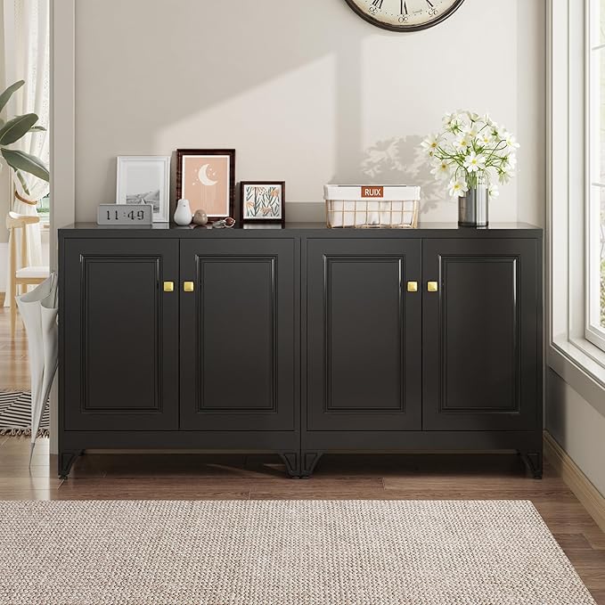 Metal Coffee Bar Cabinet,Kitchen Storage Cabinet,Black Buffet Cabinet with Storage and Adjustable Shelf,Sideboard Buffet Cabinets for Dining Room