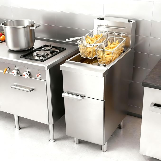 Commercial Deep Fryer, 4-Burner Fryer for Restaurants, Stainless Steel Gas Floor Fryer with 2 Baskets and Adjustable Temperature, Natural Gas Powered, 50 LBS Capacity, 400°F, 120000 BTU