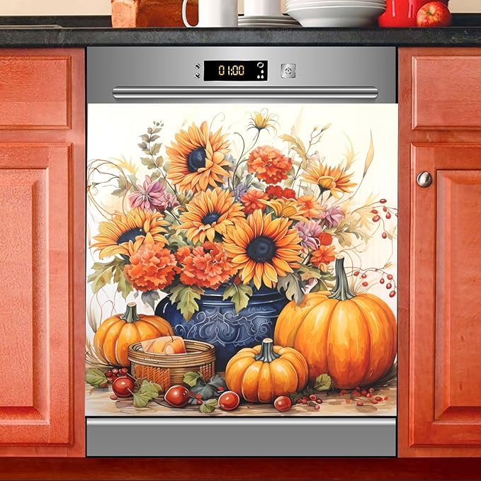 Sunflowers Pumpkins Thanksgiving Autumn Dishwasher Magnet Cover Sticker Magnetic Refrigerator Panel Front Door Fridge Microwave Decal Decorative