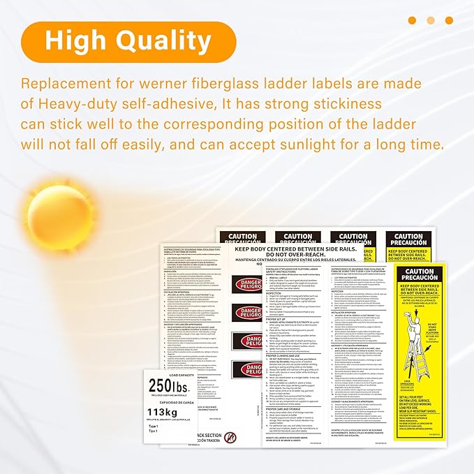 8 Pcs 250 LB Step Ladder Safety Labels Kits Compatible with Werner Ladder Safety Labels for All Type 1 250 Load Capacity Stepladders, Fiberglass Ladder Weight Stickers