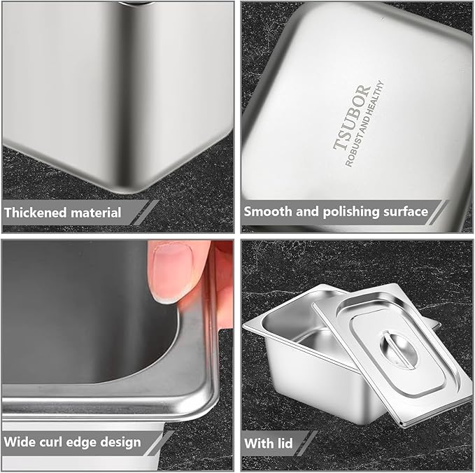 6 Set Stainless Steel Hotel Pans 1/2 Size 6 Inch Deep With Lids, Anti-Jam Chafing Steam Table Pans, Catering Food Storage Metal Pan