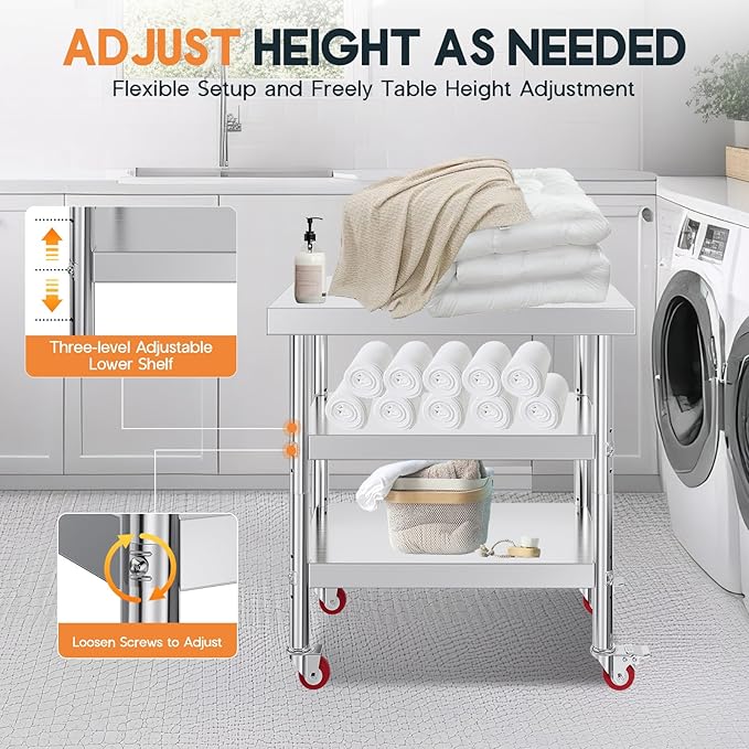 Jocisland 22" x 36" Three-Tier Stainless Steel Table for Prep & Work with Wheels, Adjustable Under Shelf, for Commercial Kitchen, Restaurant, Hotel and Garage
