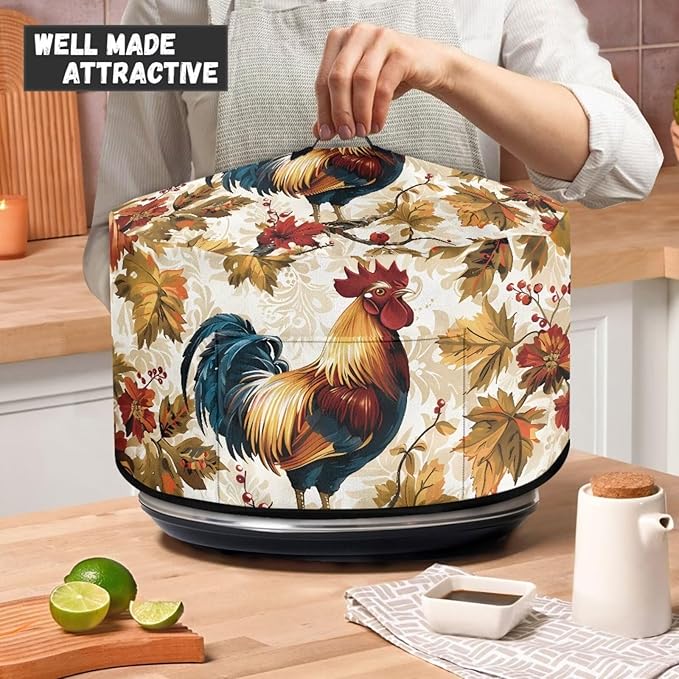 Vintage Rooster Maple Leaf Print Slow Cooker Dust Cover Protective with Accessory Pocket Stain Resistant Slow Cooker Cover Easy to Clean Fits for Most 6/7/8 Quart Crock Pot for Fall Decor