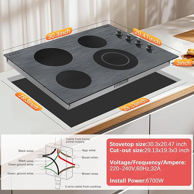 Karinear Electric Cooktop 30 Inch, 4 Burners Electric Stove Knob Control, Built-in Ceramic Cooktop with Beautiful Woodgrain Pattern Glass Surface, 6700W, 220-240v Hard Wired(No Plug)