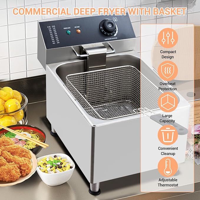 11L Electric Deep Fryer with Basket & Oil Separator Plate, 1700W, Adjustable Temperature, Oil Drain Valve for Easy Cleaning, Stainless Steel for Home & Commercial Use