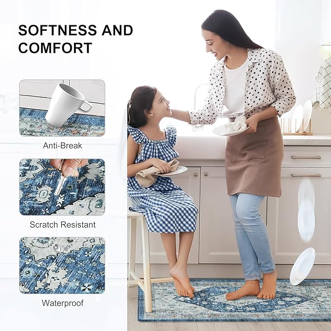 Collive Cushioned Anti-Fatigue Mats, Boho Non-Slip Waterproof Kitchen Floor Mat, Comfortable Standing Carpet for Sink, Laundry, Office, Work, 17.3''x30'' Dark Blue