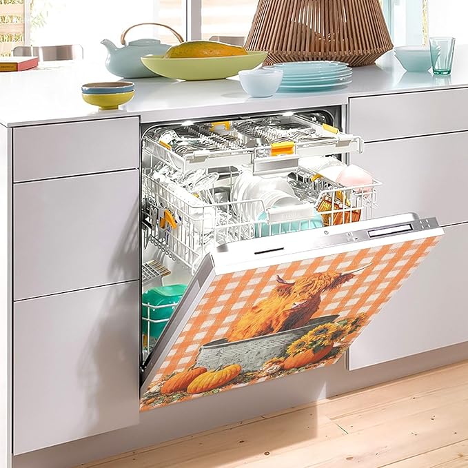 Fall Cow Orange Plaid Dishwasher Magnet Cover for Front Panel Magnetic Dishwasher Cover Decorative Refrigerator Magnet Covers Dishwashers Magnetic Sticker for Home Kitchen Decor, 23" x 26"