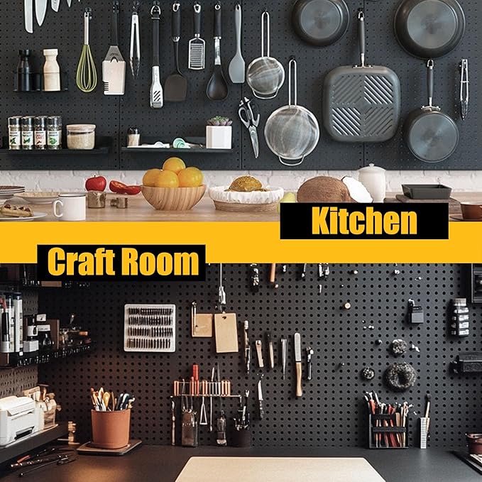 Peg Board, 6 Pack Metal Pegboard Panels Black Pegboards Wall Organizer with 50 Hooks, Heavy Duty Peg Board for Walls Home, Garage Tool Storage, Office Organization, Craft Room, Kitchen