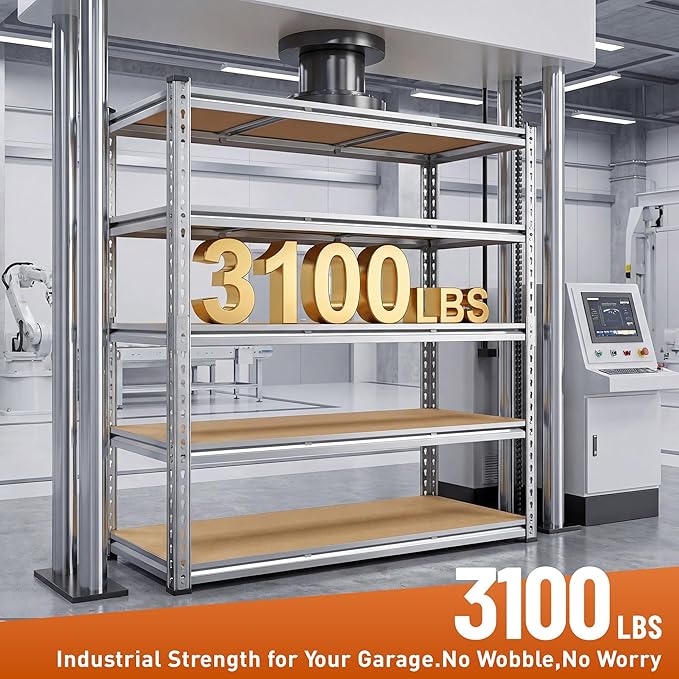 Garage Shelving Load 3100LBS, 5-Tier Storage Shelves, Adjustable Garage Shelves, Shelving Units and Storage, Metal Shelf for Kitchen, Pantry, Warehouse, 48" W x 71.9" H x 24.1" D, Galvanized