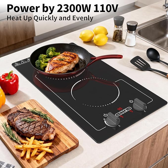 Double Induction Cooktop, 110V 2300W hot plate with LED Touch Screen, 9 Power Levels, Kids Lock & Timer, Overheat Protection, knob and touch control 2 burner Induction cooktop