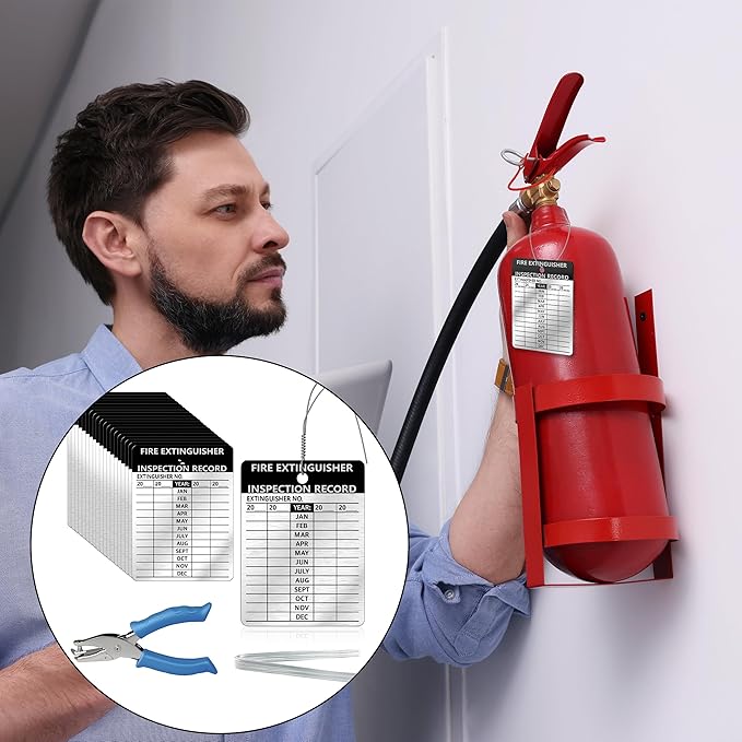 25 Pcs Waterproof Fire Extinguisher Inspection Tags 2.3 x 3 Inch Metal Aluminum with Wires and Handheld Hole Puncher Durable Metal Fire Tags for Monthly Fire Safety Check Indoor Outdoor Writeable (25)
