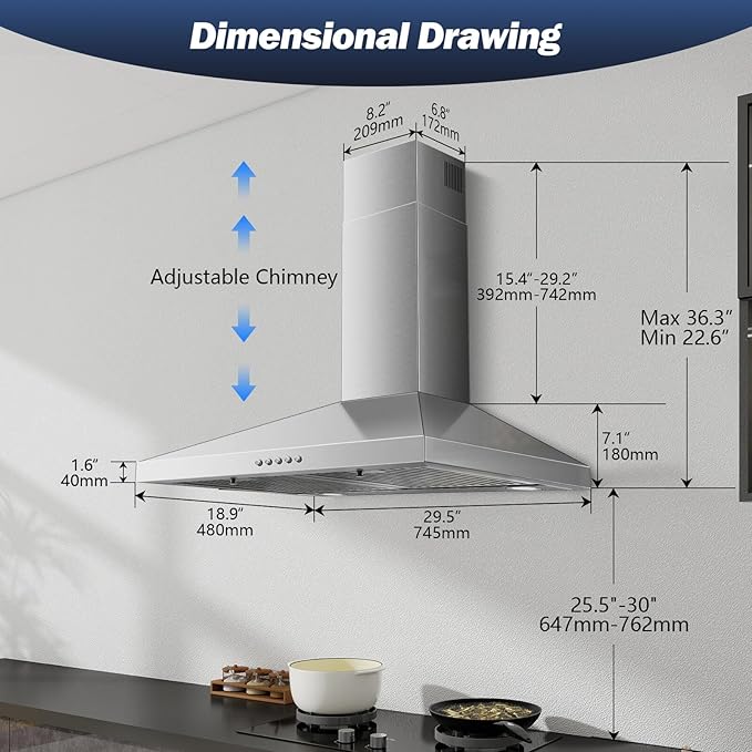 SNDOAS Range Hood 30 inch,Stainless Steel Wall Mount Range Hood 30 inch,Chimney-Style Stove Vent with Ducted/Ductless Convertible,Kitchen Hood with LED Light,Button Control,3-Speed Vent Hood