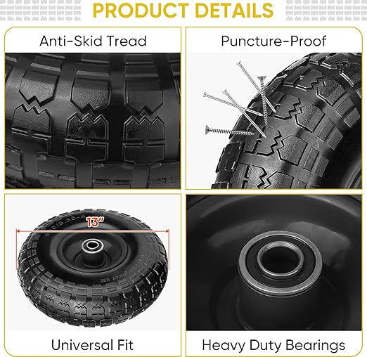 TICONN 4.00-6 Tire and Wheel Flat Free, 4 Pack 13" Solid Tires with 5/8" Axle Bore Hole and Double Sealed Bearings, Perfect for Wheelbarrow, Garden Cart, Wagon, Dolly (Black, 4PK)