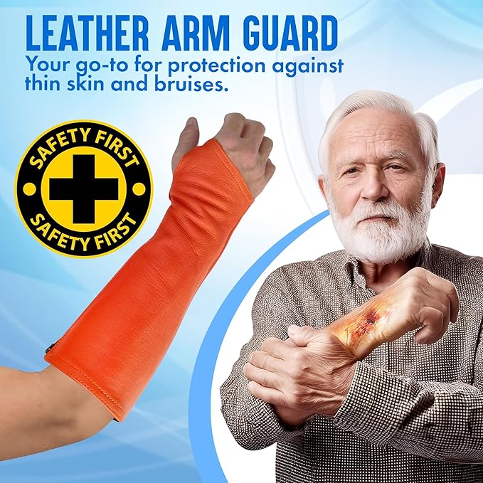 Arm Chaps Leather Protective Sleeves Arm Guard - Prevent Cuts, Scratches & Bruises - Genuine Cowhide - Ideal for Gardening & Construction - Left & Right Form-Fitting. Orange (1 Pair/X-Large).