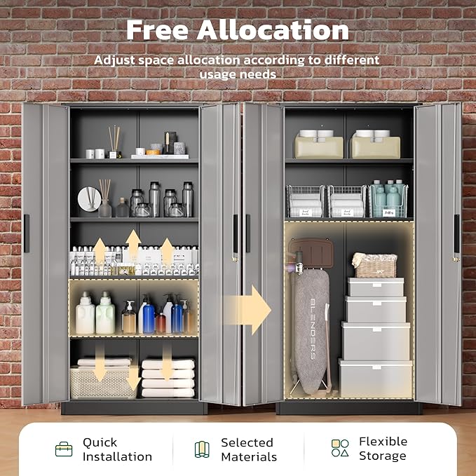 Greenvelly Metal Garage Storage Cabinet with 2 Doors and 4 Adjustable Shelves, 72”H Steel Lockable Storage Cabinet,Tall Metal Cabinet Locking File Cabinet for Office,Home, Garage, Gym, School