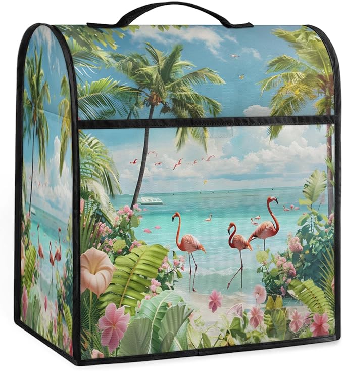 Kitchen Aid Mixer Cover Summer Flamingo Beach Flowers Stand Mixer Cover Compatible with 6-8 Quarts Stand Mixers, Dust Covers with Zipper Pocket Foldable Washable Kitchen Aid Organizer Bag