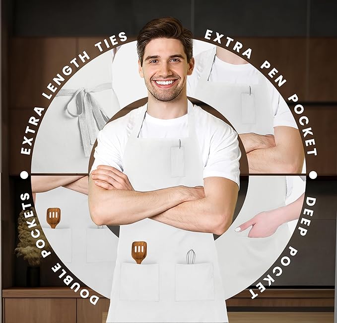 Aprons for Men - 100% Polyester Chef Apron Women with Extra Long Ties - Cooking Aprons for Women & Mens Apron