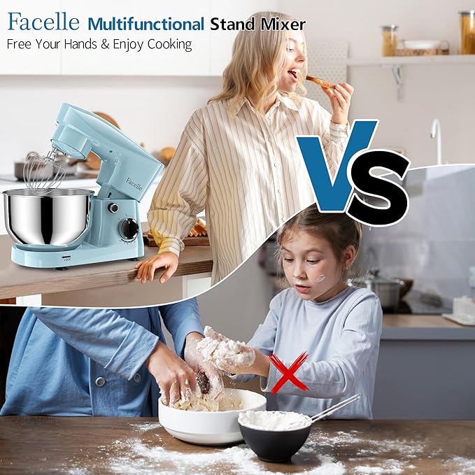 Facelle Stand Mixer, 10-Speed 6QT Kitchen Electric Mixer, Tilt-Head Food Mixer with Beater, Dough Hook, Wire Whip and Egg Separator, scraper for Most Home Cooks (Blue)
