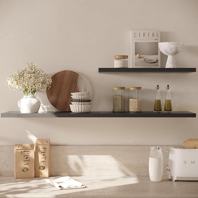 Wall Shelf Set of 2, Black Floating Shelves 30 in W x 10 in D x 1 in H, Wooden Floating Wall Shelf with Invisible Brackets for Living Room/Bedroom/Bathroom/Kitchen Storage and Decor