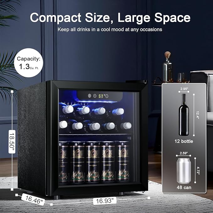 Antarctic Star 12 Bottle 48 Can Beverage Refrigerator Cooler - Mini Fridge Glass Door for Beer Soda Drinks or Wine,Freestanding Beverage Fridge for Home and Bar with Adjustable Shelving, 1.3 Cu. Ft.