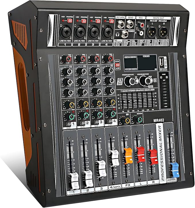 Audio Mixer 4 Channel, DJ Mixer with Power Amplifier, Audio Sound Card with 48V Phantom Power, Usb Audio Interface, Sounds Mixer Board with 99 DSP FX Reverb Delay Effect for Streaming