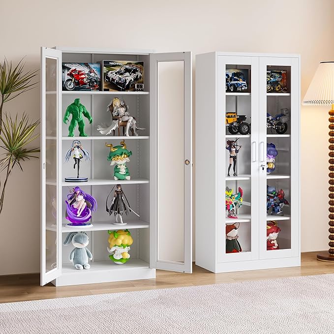 SISESOL Metal Storage Cabinet with Lock and Glass Doors,Glass Display Cabinet,67" Tall White Storage Cabinets,Locking Curio Cabinets with 5 Shelves for Collectibles,Home,Office,Living Room