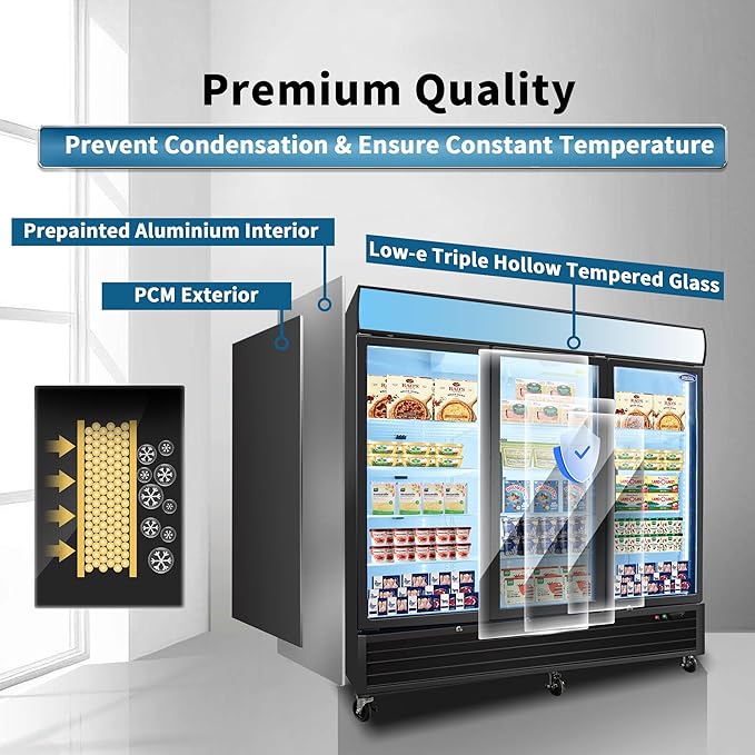 Glass Door Merchandiser Freezer 70 Cu.ft Swing Door Commercial Reach-In Display Freezers with LED Top Panel Upright Freeze Storage (3 Door)