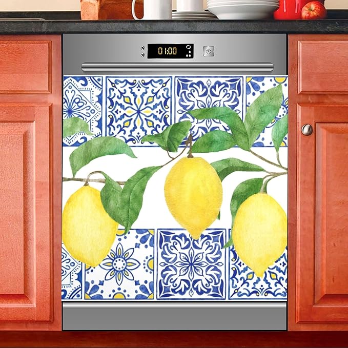 Lemon Blue Tiles Dishwasher Magnet Cover Sticker Magnetic Refrigerator Panel Front Door Fridge Microwave Decal Decorative