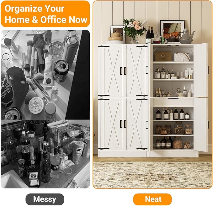 Unikito 71" Tall Kitchen Pantry Cabinet with Farmhouse Barn Doors and Storage Drawer, 8 Adjustable Shelves, Freestanding Cupboard for Dining Room, Living Room, Utility Room, White, 2 Pack