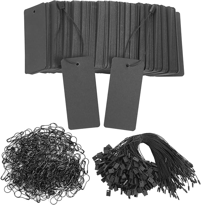 300 Set Black Price Tags with String Clothing Tags with Safety Pins Black Paper Hang Tag for Christmas Gift Clothes Crafts Display Stocking Stuffers