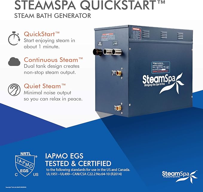 STEAMSPA 12kW Steam Sauna Generator Sentry Series 240V Steam Generator with Touch Screen, Steamhead, Built-in Steam Shower Auto Drain, ACU Quickstart Steam Bath Generator (Chrome)