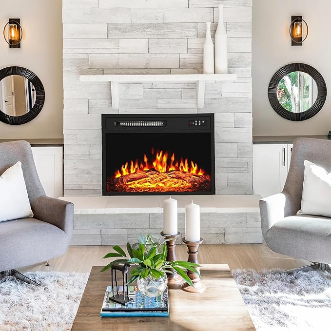 BOSSIN 18 Inch Electric Fireplace Insert with LED Realistic Flame,Small Recessed Fireplace Heater with Touch Screen&Remote Control,Portable Fireplace with Adjustable Flame,1-8H Timer 750/1500W