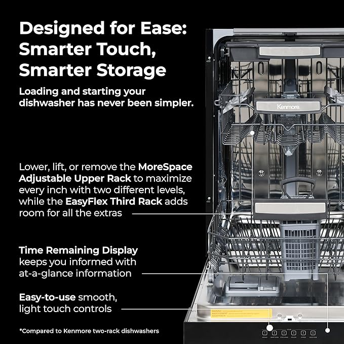 Kenmore 22-14709 18" Compact Built-In Dishwasher - UltraWash Plus, TurboDry, EasyFlex Third Rack & SmartWash - 10 Place Settings - 45 DBA - ENERGY STAR Certified - 18" - Black