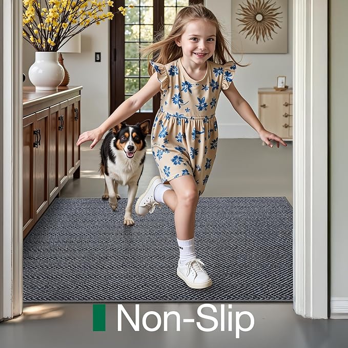 LUMI Ultra Thin Indoor Door Mat for Entrance 24"x36", Non Slip Entryway Mat, Low Profile Doormat, Unique Herringbone Design Carpet for Inside, Patio, Porch, Medium Gray