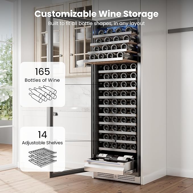 Yeego 24 Inch Wine Fridge Cooler - 165 Bottles Wine Cooler with Glass Door, 40-65℉ Built-In or Freestanding Wine Refrigerator with Door Lock and 2 Color LED for Kitchen Bar Office (Left-Hinged)
