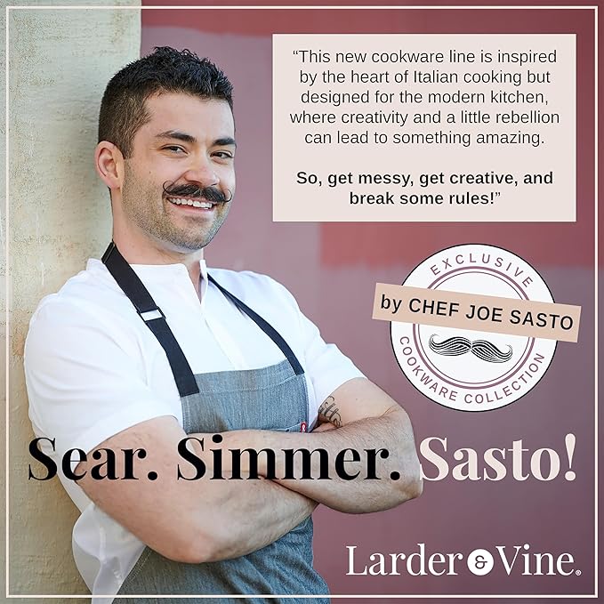 Chef Joe Sasto Chef’s Pan with Tempered Glass Lid, Deep Saute Pan, Enameled Cast Iron, Professional Cookware for Searing, Sautéing & Braising, Induction Compatible, Oven Safe, Dishwasher Safe
