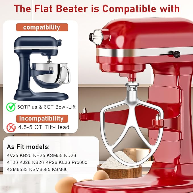 316 Stainless Steel 6qt Flat Beater Fits Kitchenaid 5QT Bowl-Lift Mixers, 100% Polished Smooth Uncoated,Thoroughly Mixing&Stable Operation with 0% Residue, Dishwasher Safe, Durability, Spatula&Recipes