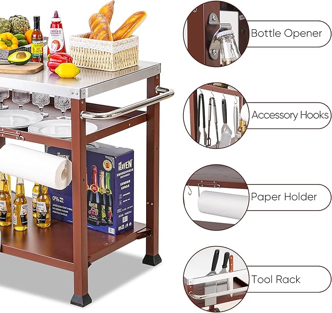 3-Shelf Outdoor Grill Table, Pizza Oven Table for Outside, Movable Grill Cart with Wheels, Indoor & Outdoor Cooking Station, Pizza Oven Stand for Ooni Blackstone Griddle 33.5”x 21.7”