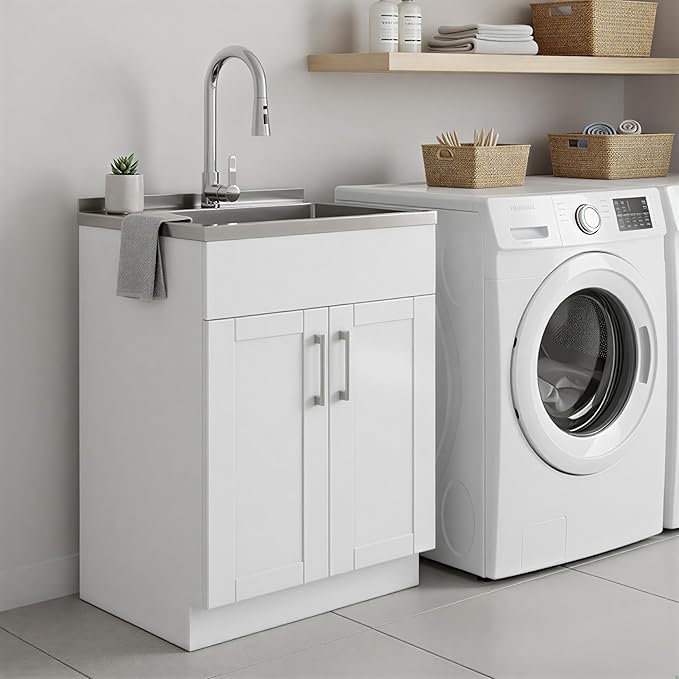 SIMPLIHOME Hennessy All-in-One 24 inch Wide Utility Sink and Laundry Cabinet in Pure White Finish, Transitional Stainless Steel Sink Cabinet for Laundry Rooms with High-Arch Chrome Faucet and Storage