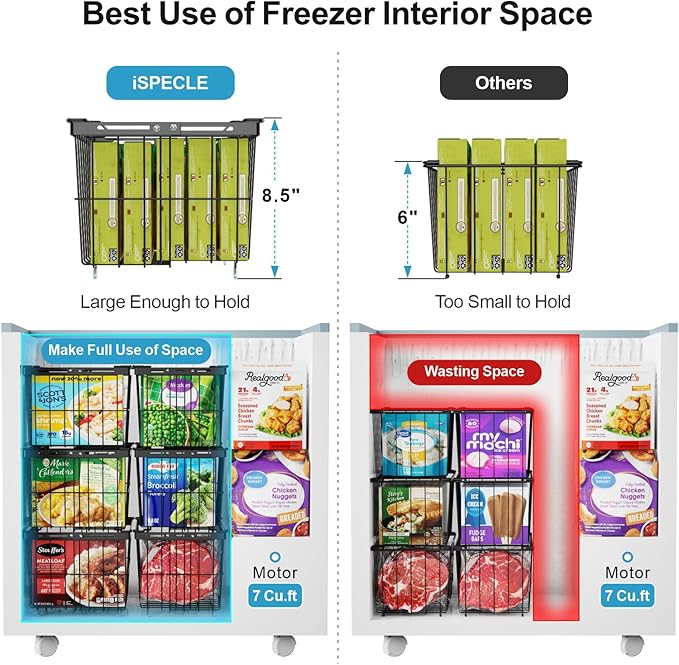 iSPECLE Freezer Organizer Bins - 6 Pack Adjustable Width for 5 to 7 Cu.Ft Chest Freezers, Stackable Freezer Wire Storage Baskets for Deep Freezer Organization, Assembly Required, Black