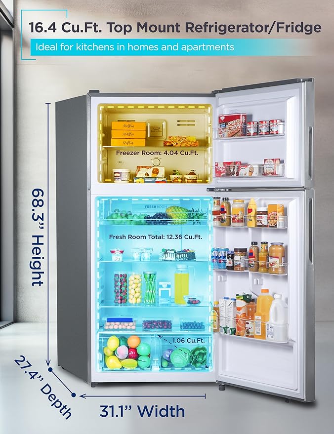 BLACK+DECKER 16.4 Cu. Ft. Top Mount Refrigerator with Freezer, 2 Door Refrigerator with Top Freezer and Separate Temperature Controls, Auto Defrost, Full Size, BR1640KS, Stainless Steel Look