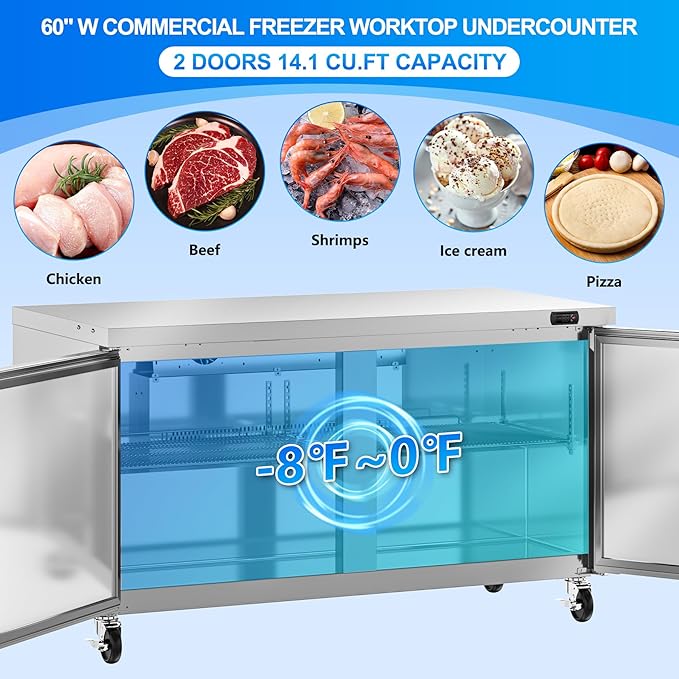 60" W Commercial Undercounter Freezer, 14.1 Cu.ft 2 Door Worktop Under Counter Freezer, Stainless Steel Commercial Kitchen Freezing Equipment for Restaurant, Bar, Shop, etc.