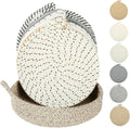 Hot Pads for Quartz Countertops with Storage Basket | 6-Pack 8-Inch Cotton Trivets for Hot Dishes & Pots | Machine Washable Farmhouse Kitchen Decor