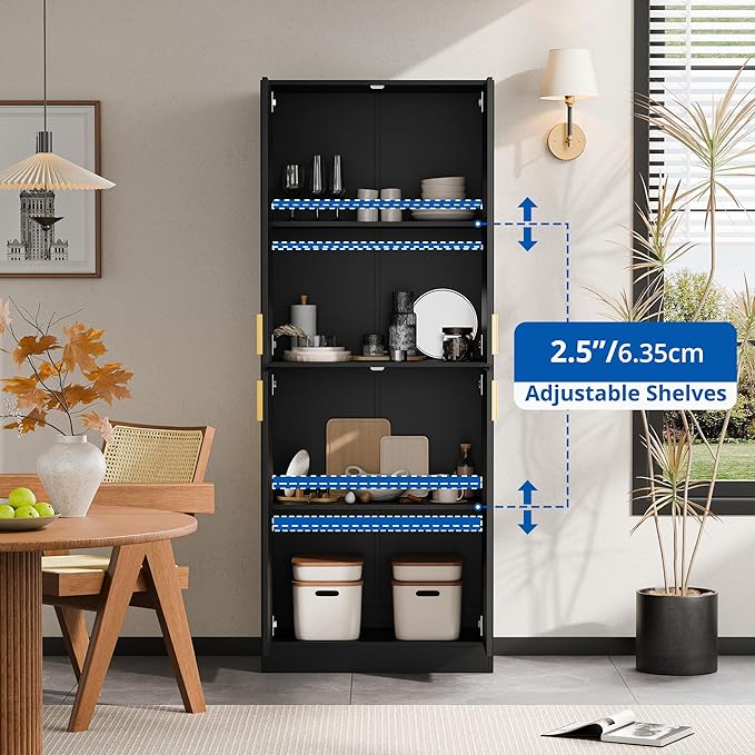 Cozy Castle Kitchen Pantry Cabinet, 71" Tall Wood Storage Cabinet with Doors and Shelves 4 Doors Freestanding Cupboard for Dining Room Living Room Bathroom Furniture, Black | Wood Storage Cabinet, 4 Doors, Utility Hutch, for Dining Room
