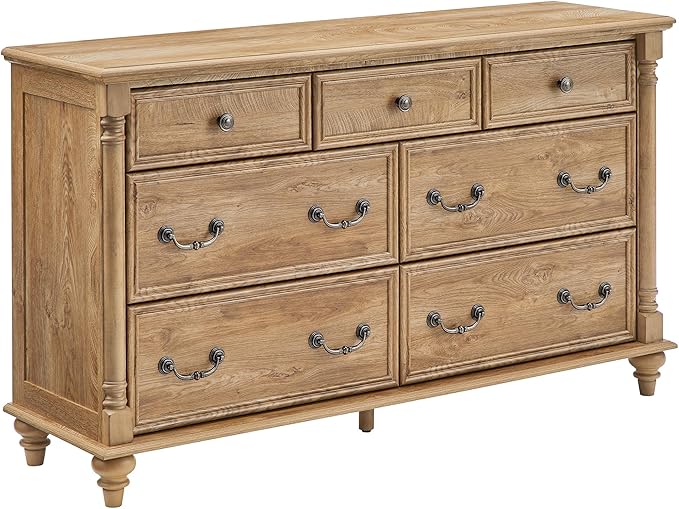 T4TREAM Farmhouse 7 Drawers Dresser Chests for Bedroom with 4 Solid Wood Feet, Tall Wide Wood Country Rustic Chest of Drawers, Storage Dressers for Bedroom, Living Room, Light Tree Knot