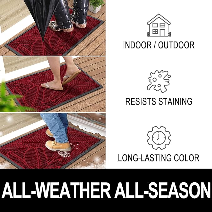 Colorxy Waterproof Doormat, Sturdy Natural Rubber Front Indoor Mat, Non Slip Low Profile Indoor Outdoor Door Mats, Stain and Fade Resistant Floor Mats, Easy Clean Patio Entry Mat, 36''x24'', Burgundy
