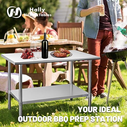 Hally Stainless Steel Table for Prep & Work 18 x 60 Inches, NSF Commercial Heavy Duty Table with Undershelf and Galvanized Legs for Restaurant, Home and Hotel